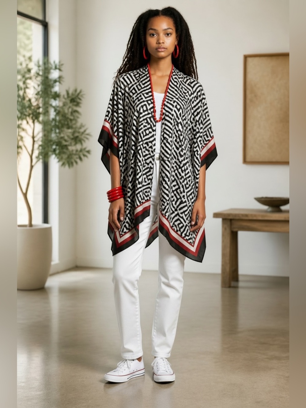 Geometric Patterned Short Kimono with Border Colors